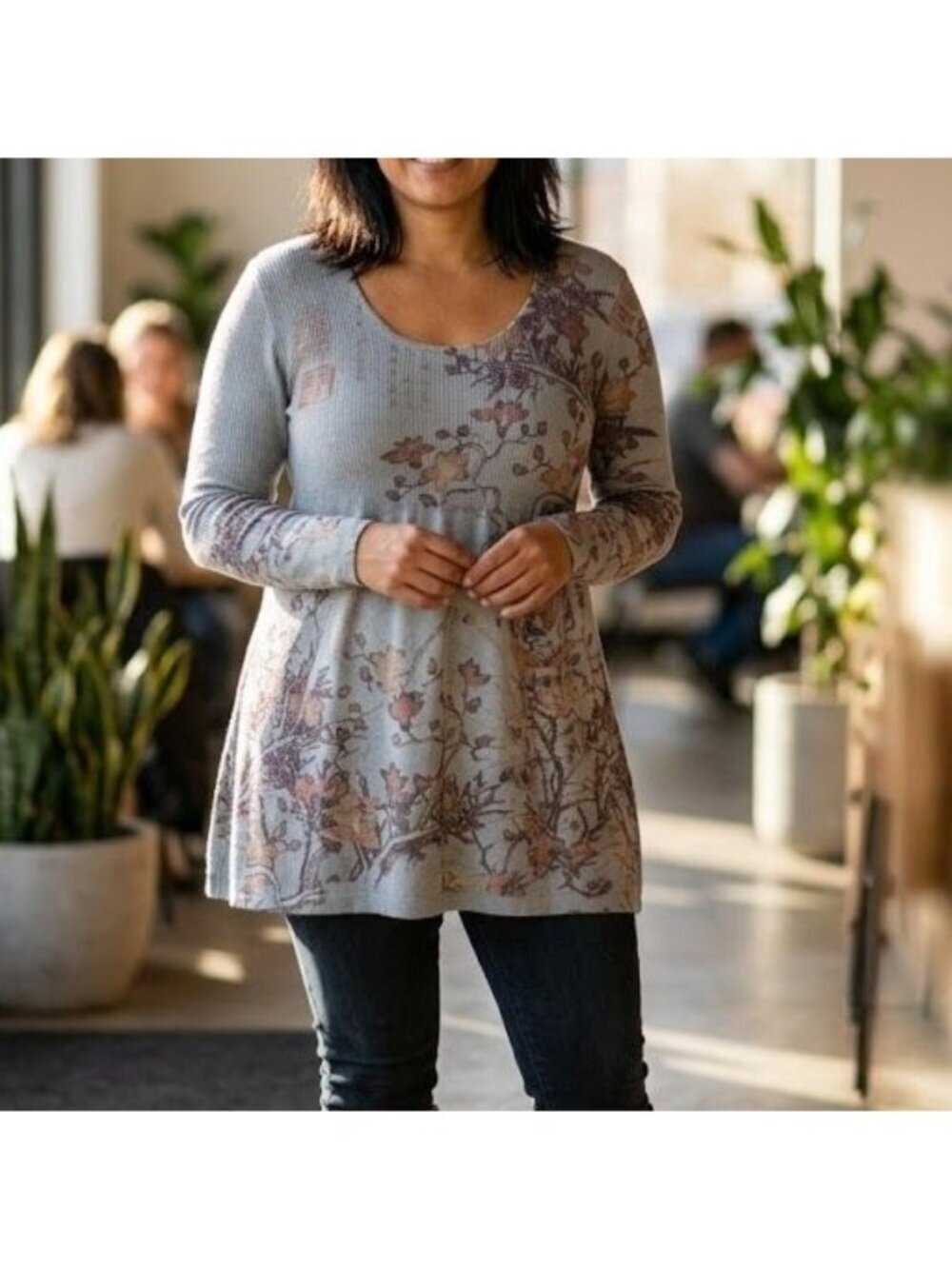 Y2K One World Babydoll Tunic Womens Size Large Blue Floral Asian Botanical Ribbe